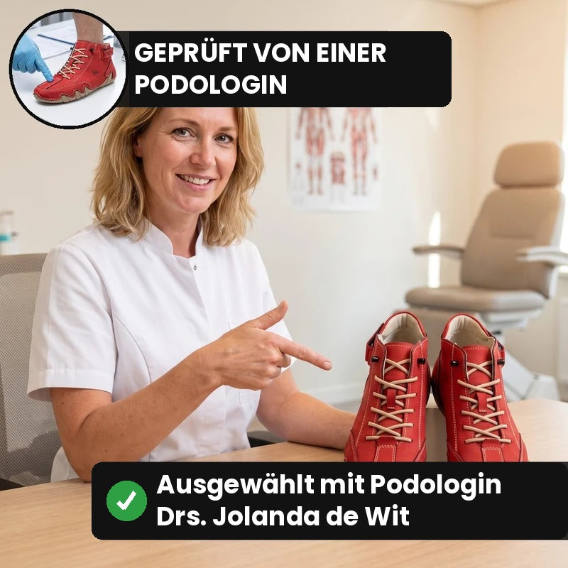 Podologin in ihrer Praxis zeigt auf rote Barevo Schuhe