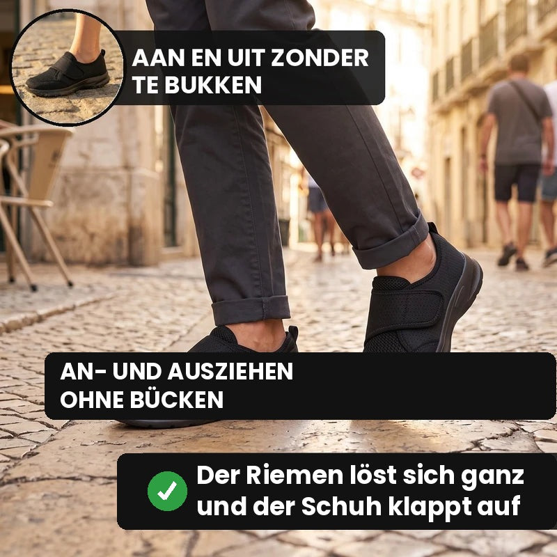 Breedevo Komfortschuhe in Schwarz beim Gehen auf einer Pflasterstraße