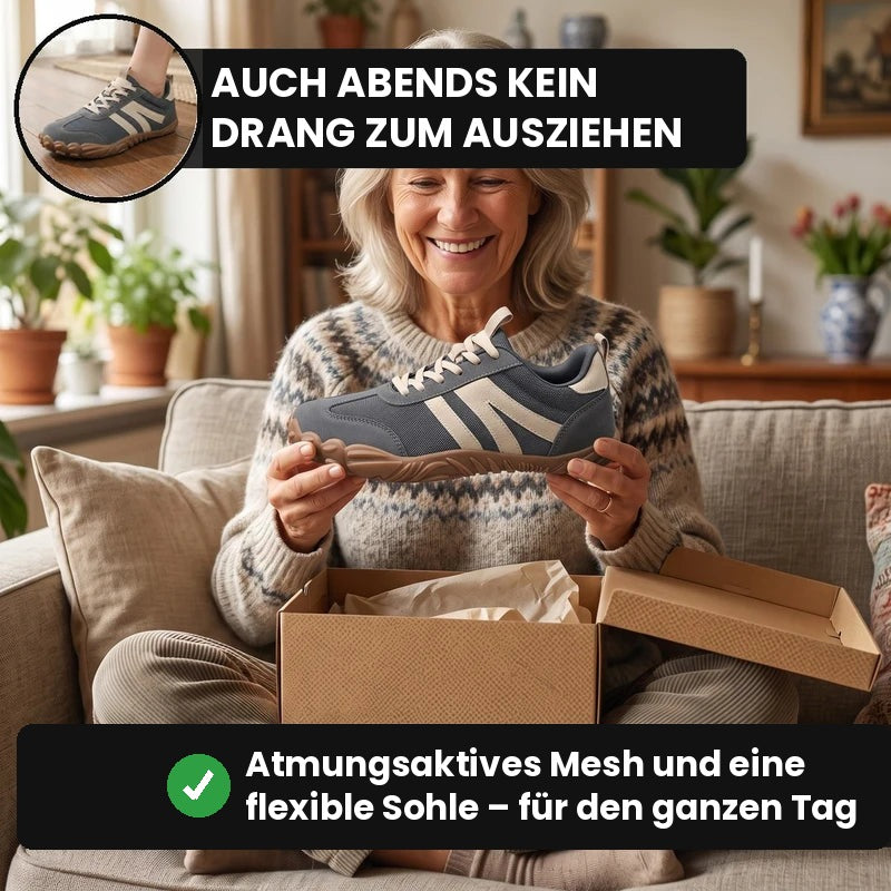 Frau packt Luchtstep® Komfortsneaker in Grau-Blau aus