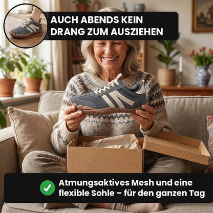 Frau packt Luchtstep® Komfortsneaker in Grau-Blau aus