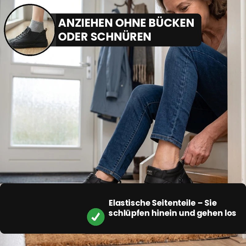 Frau im Flur schlüpft in den MayFit Slip in Schwarz
