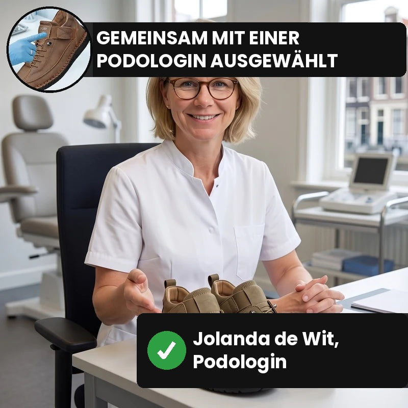 Podologin in der Praxis zeigt den MayFit Slip in Khaki
