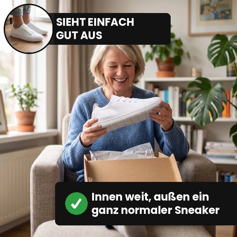 Frau packt den weißen Stapvrij® Komfortsneaker zu Hause aus dem Karton aus
