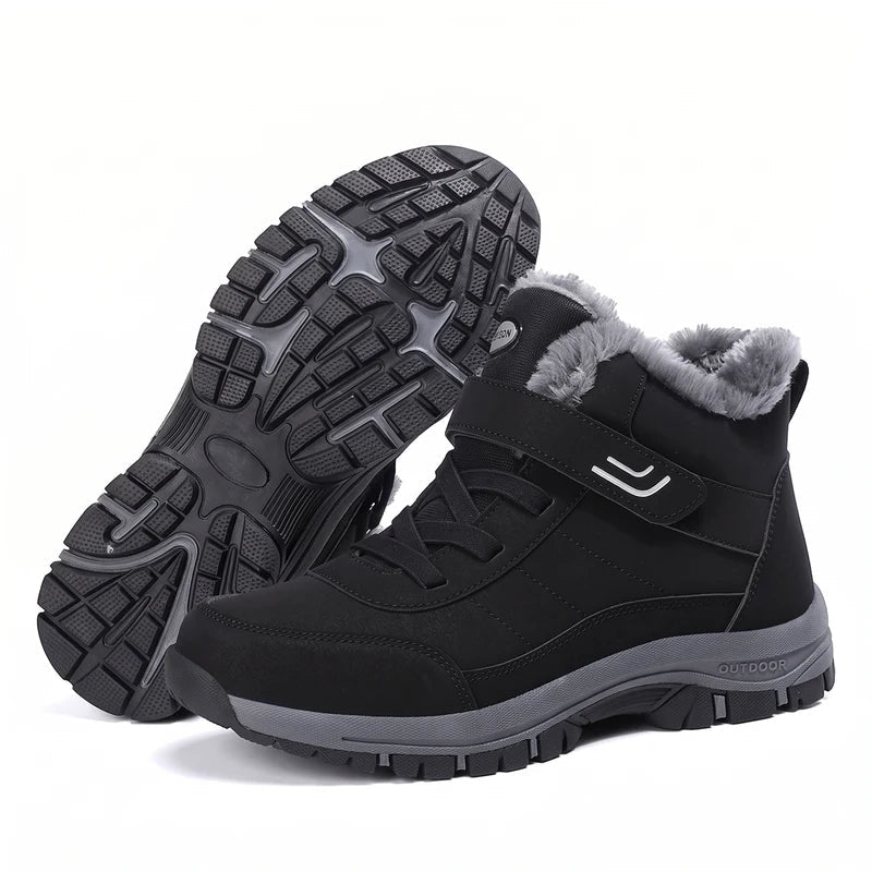Warmevo® leichte Outdoor-Winterschuhe in Schwarz – Seitenansicht und Sohle