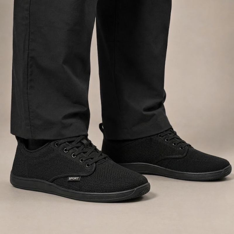Schwarze WideStep Sneaker getragen zu schwarzer Hose